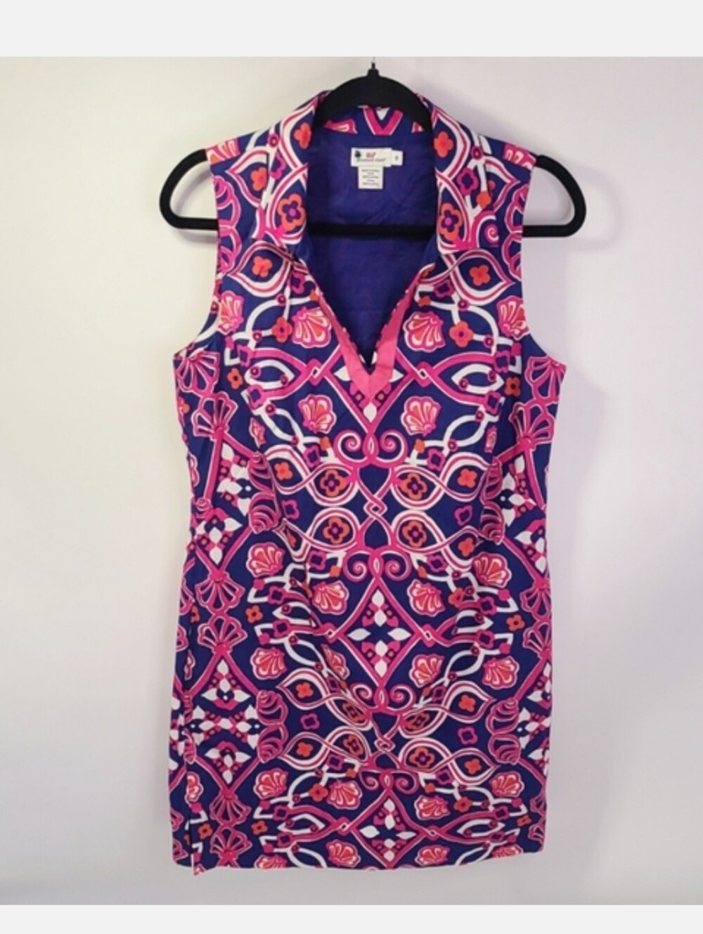 Vineyard vines pink purple white cotton v‎ neck aztec print midi dress size 10